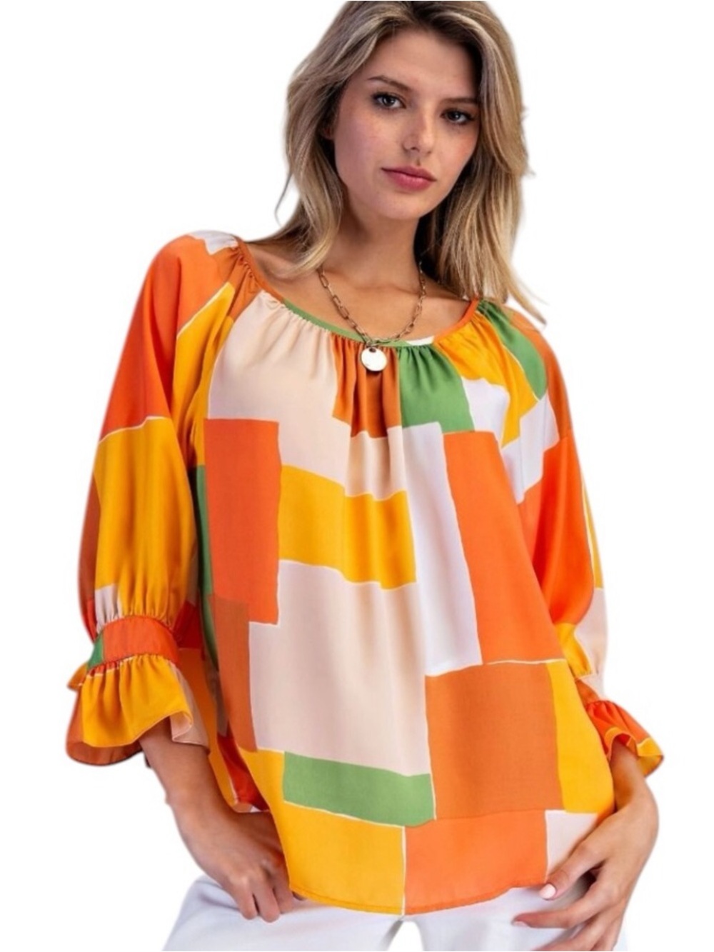 easel blouse colorblock lightweight boho peasant 3/4 sleeve orange caramel green